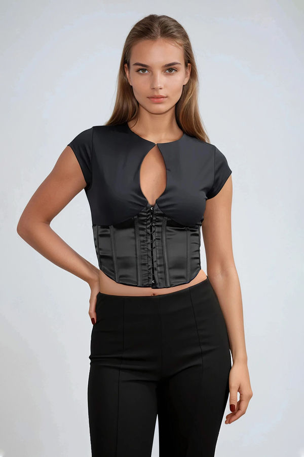 Edgy Allure Satin Corset Top - Black