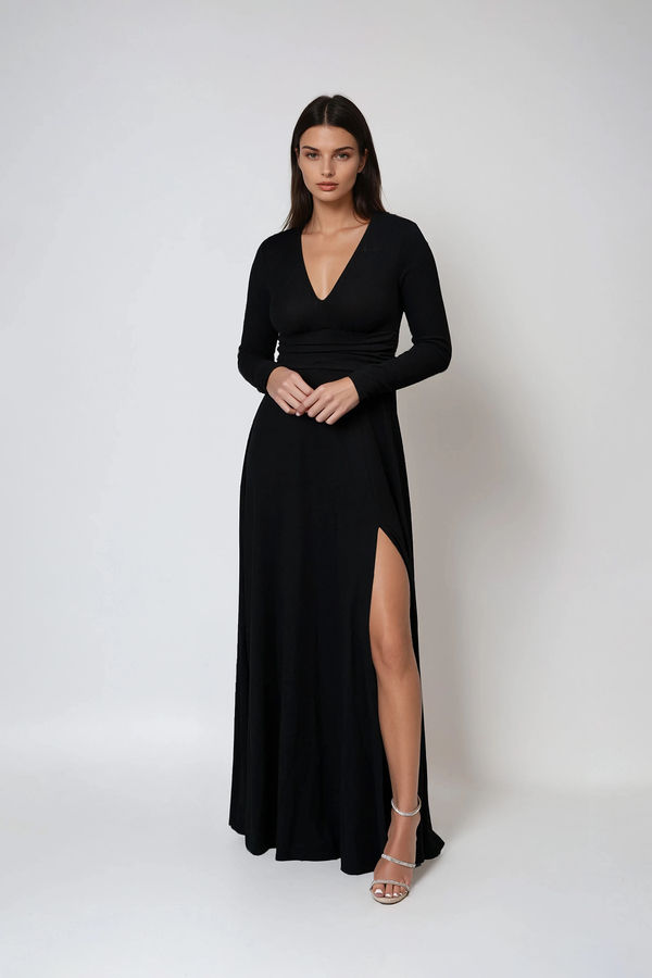 Evermore Elegance Long Sleeve Slit Maxi Dress - Black