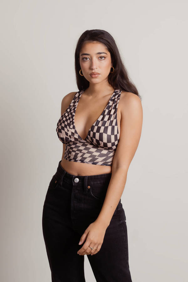 Fall Off Black Checkered Plunging Crop Top