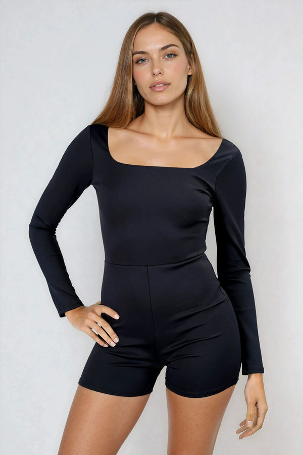 Fit Mood Long Sleeve Square Neck Romper - Black