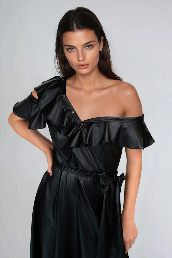 Forever Mood Ruffled Faux Leather Midi Dress - Black