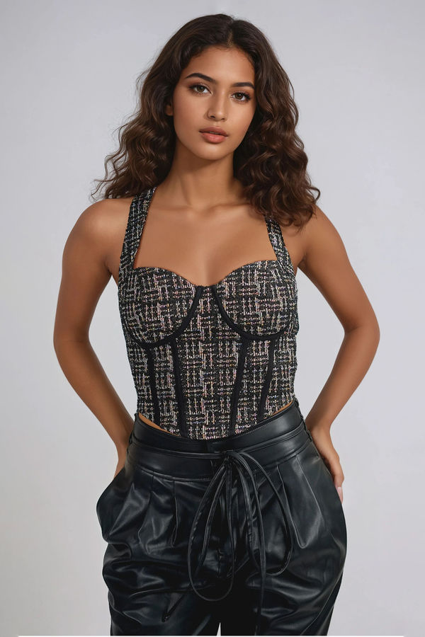 Glam Aura Tweed Corset Top - Black