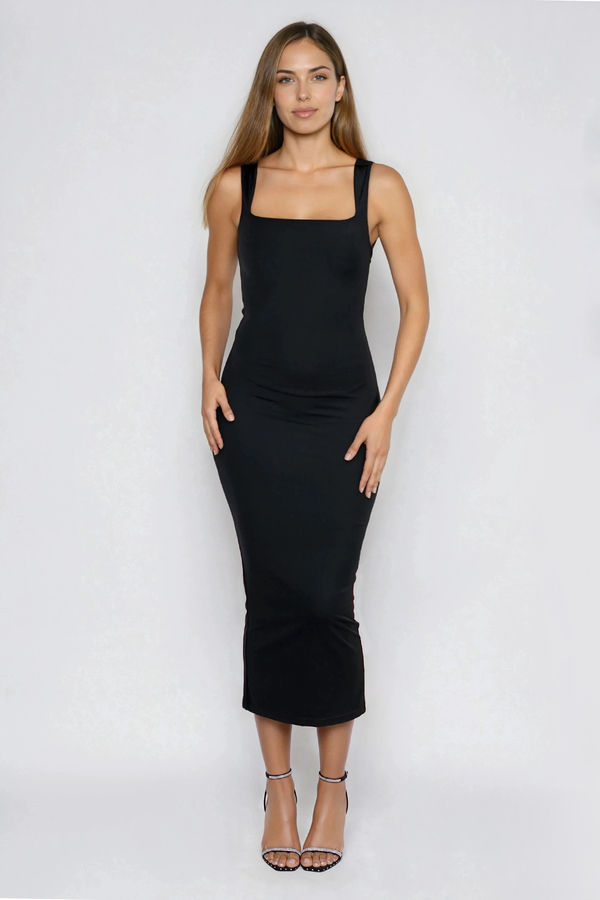 Glow Getter Square Neck Bodycon Midi Dress - Black