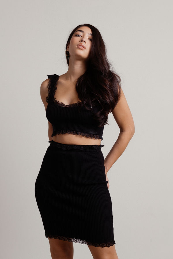 Glow Up Black Lace Cocktail Trim Crop Top and Mini Skirt Set