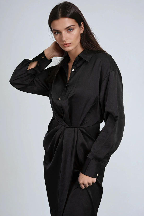 Good Days Satin Belted Midi Dress - Black