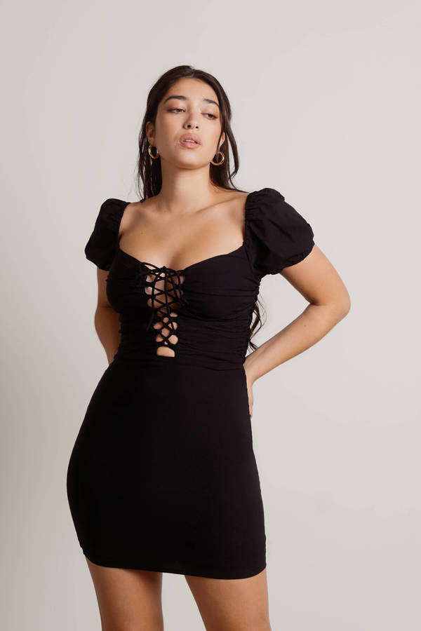 fred Optimistisk Bar Black Lace-Up Dress - Black Mini Dress - Bodycon Dress