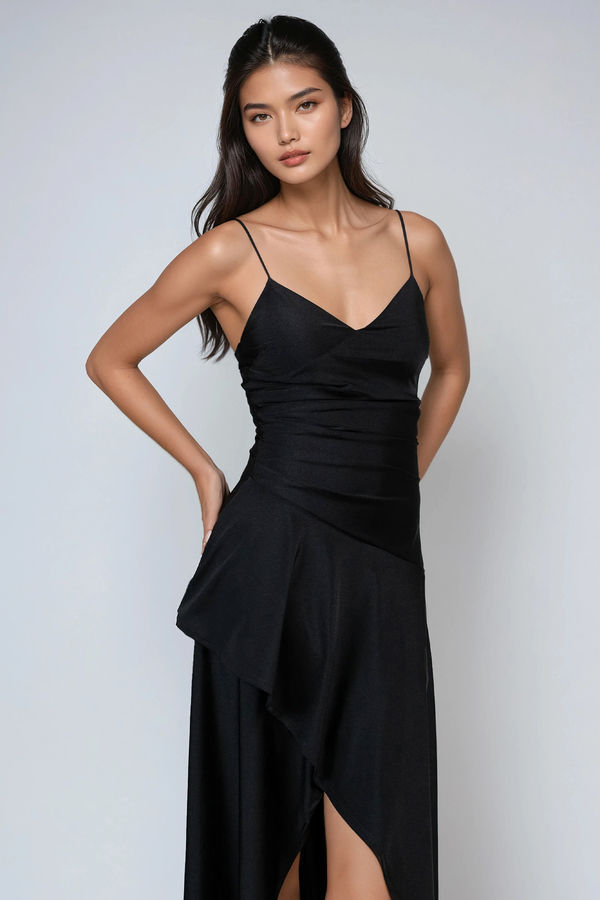 Just Dance Ruched Asymmetrical Maxi Dress - Black