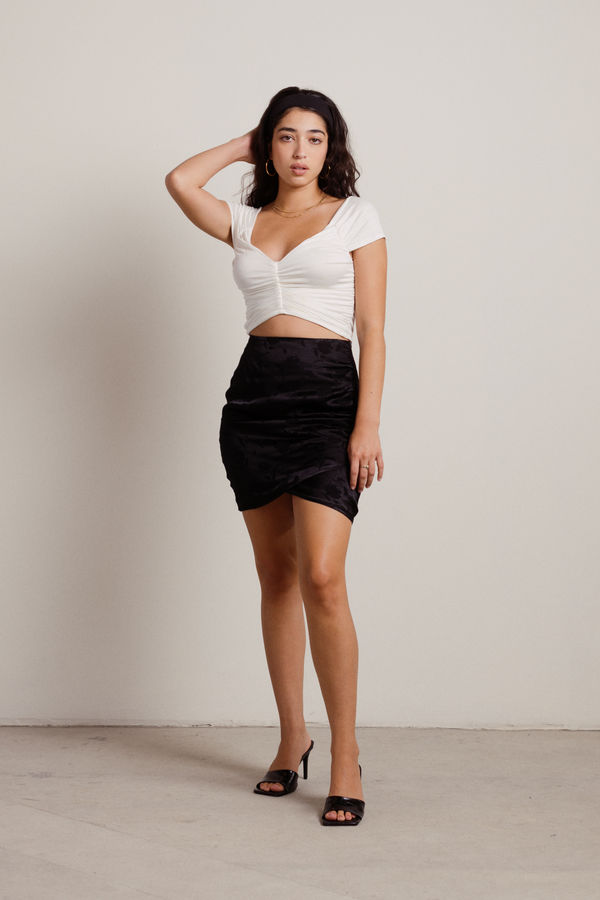 Kiera Black Ruched Satin Mini Skirt