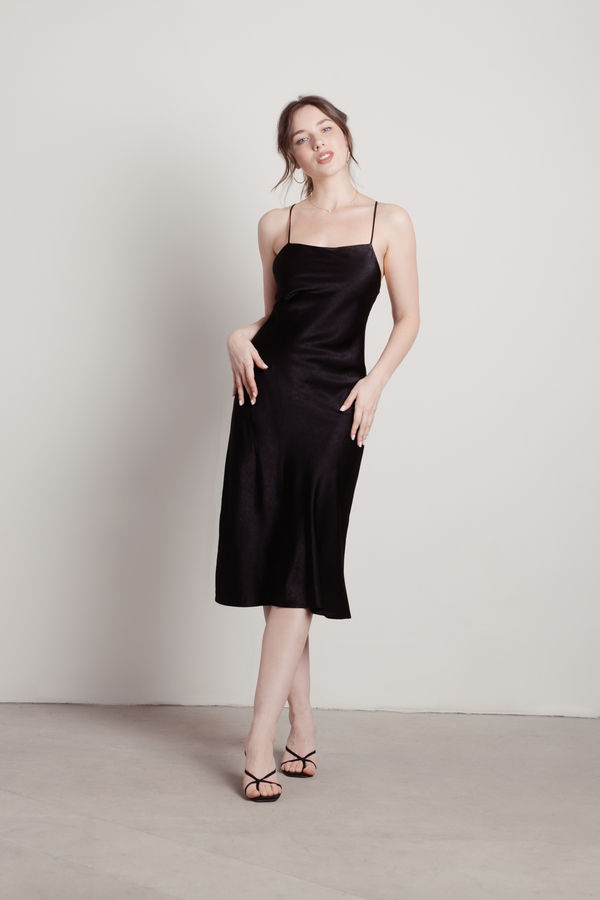 Liora Black Cocktail Satin Slip Midi Dress