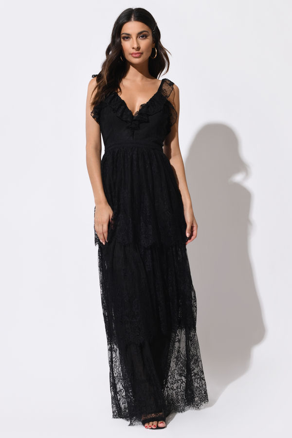 Black Maxi Dress - 3 Tier Long Ruffle Dress - V Neck Lace Dress