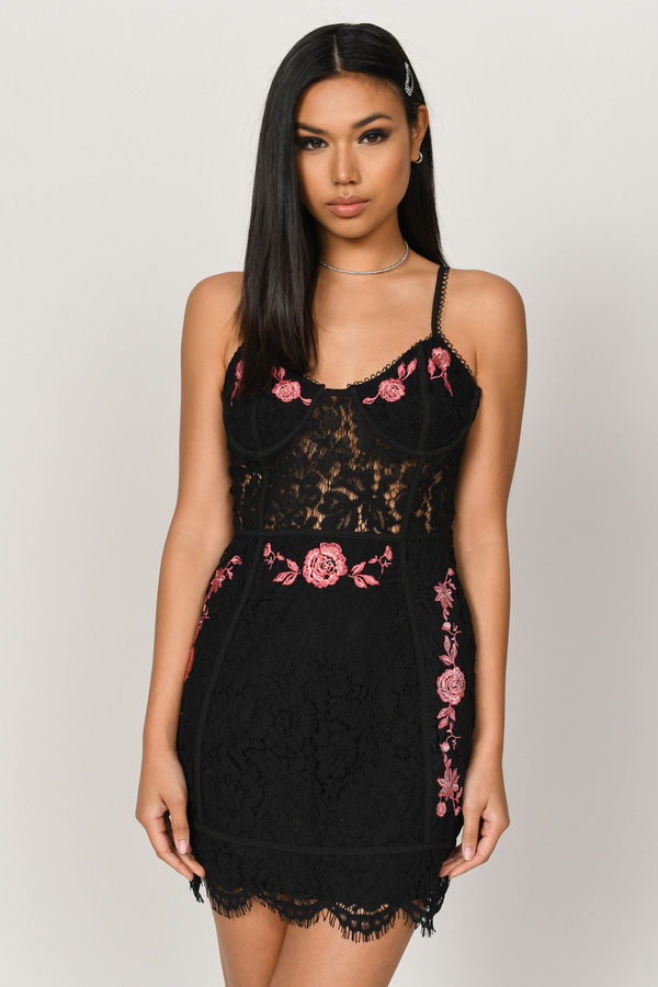 Mia Black Embroidered Lace Bodycon Dress