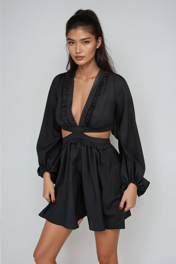 Moon Glow Deep V Cutout Mini Dress - Black