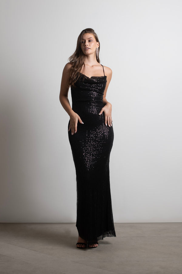 My Turn Black Sequin Proms Cowl Neck Maxi Dress