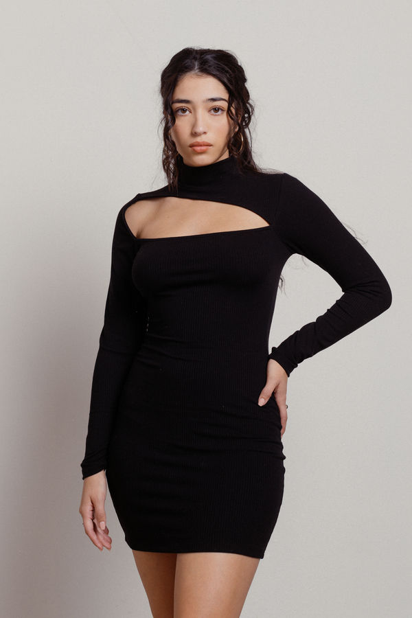 Navie Black Ribbed Cutout Bodycon Long Sleeve Homecoming Dress