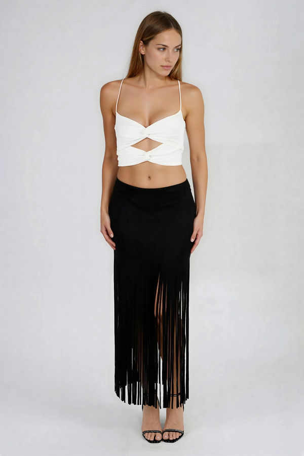 Night Affair Fringe Maxi Skirt - Black