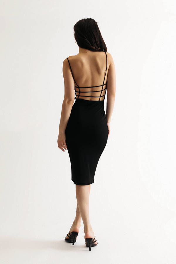 Night Time Getaway Black Open Back Bodycon Midi Dress