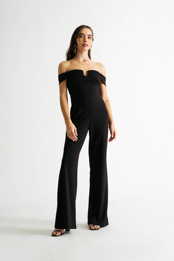One Night Only Black Off Shoulder Pleated Formal Jumpsuit
