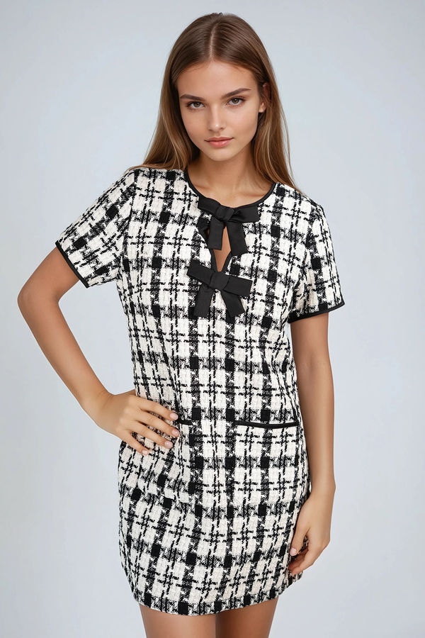 Paris Charm Tweed Bow Mini Dress - Black