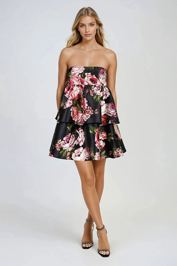 Spellbound Glow Strapless Floral Mini Dress - Black Pink