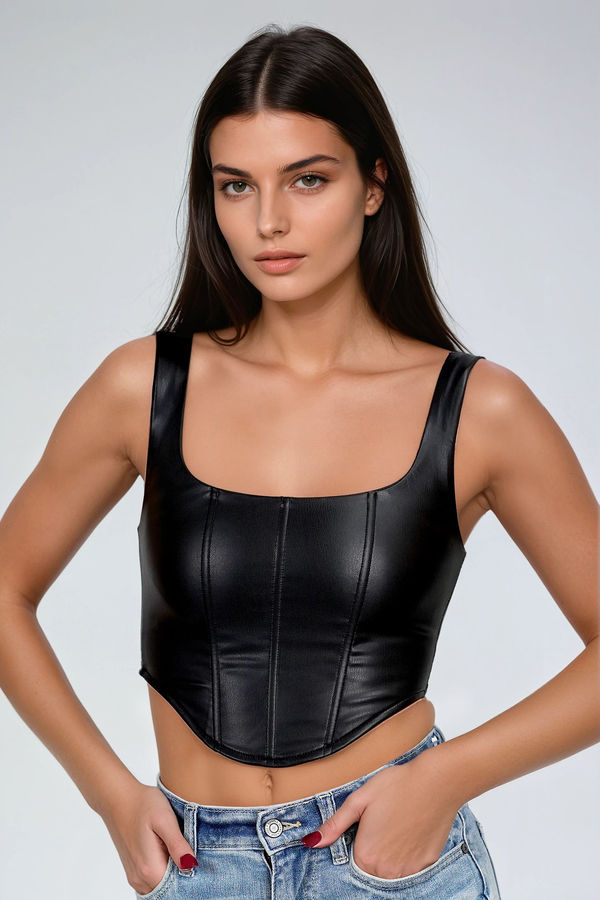Power Play Leather Corset Top - Black