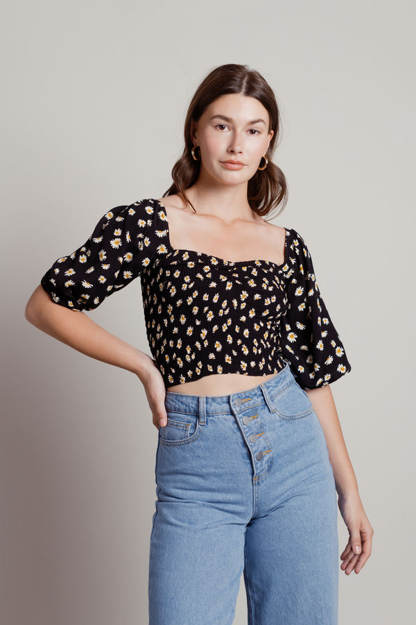 She Said Black Daisy Smocked Bustier Crop Top