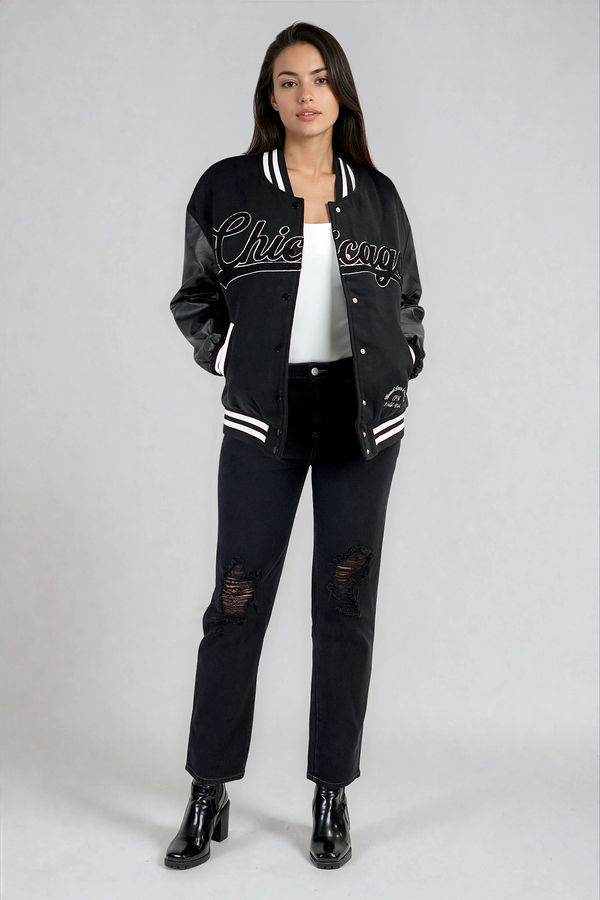 Signature Edge Snap Button Embroidery Varsity Jacket - Black