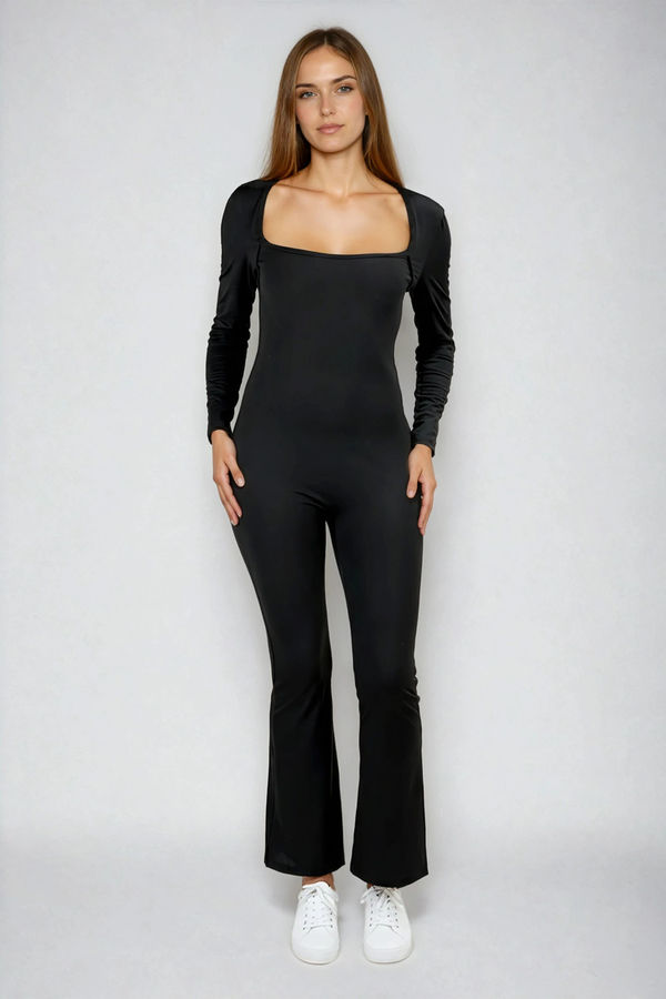 Slay Fit Long Sleeve Square Neck Jumpsuit - Black