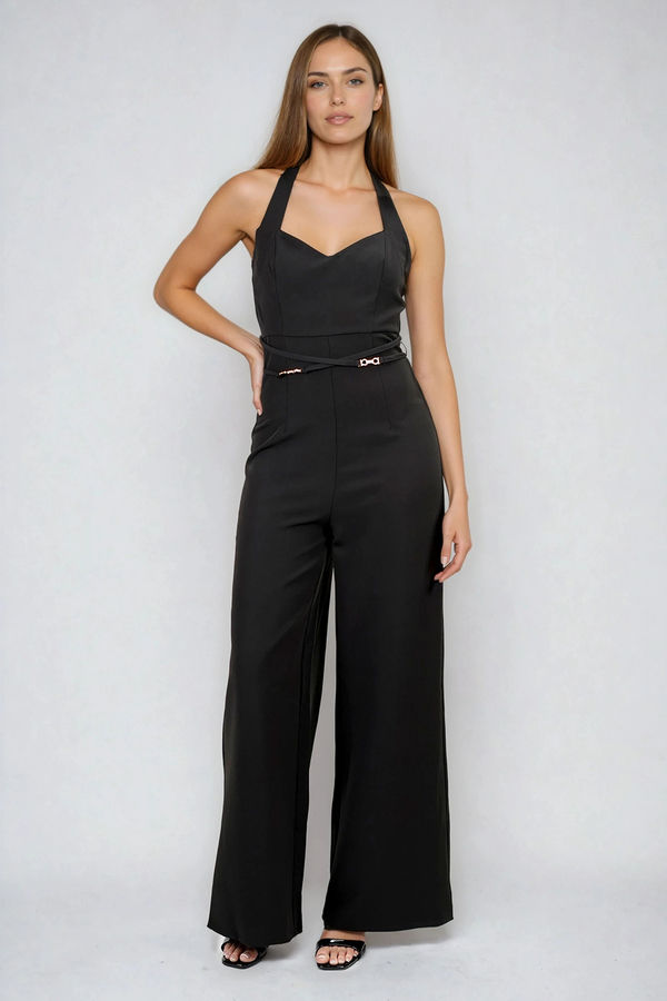 Smart Move Gold Trim Halter Jumpsuit - Black
