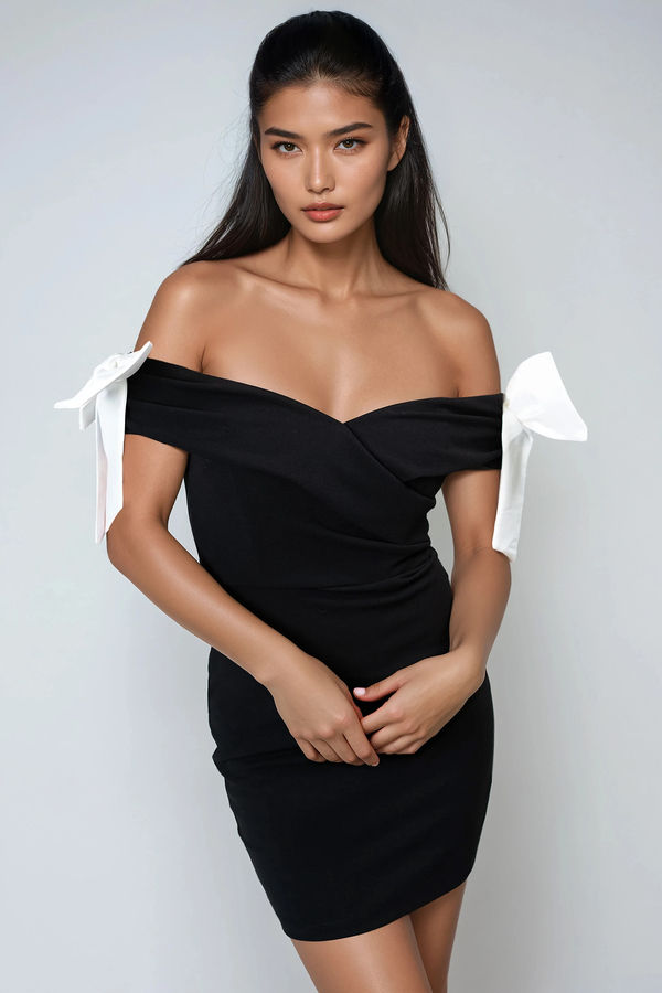 Soft Spell Satin Bow Mini Dress - Black