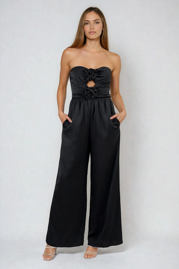 Strike a Pose Cutout Satin Jumpsuit - Black