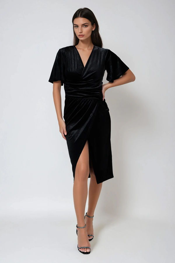 Stuck With You Velvet Wrap Midi Dress - Black
