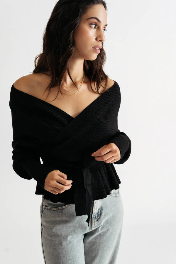 Touch Of Love Black Tie-Front Wrap Sweater Top