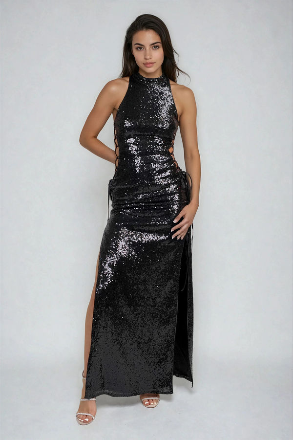 Vogue Allure Lace Up Sequin Maxi Dress - Black