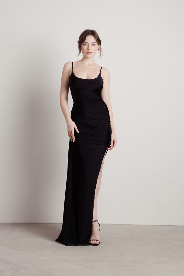 What A Night Ruched High Slit Maxi Cocktail Wedding Guest Dress - Black