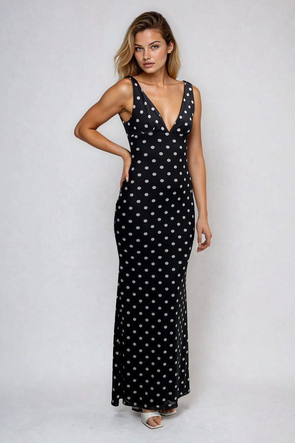 Spotlight's on You Mesh Polka Dot Maxi Dress - Black/White