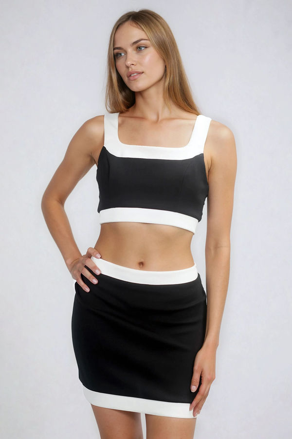 Street Siren Square Neck Crop Top and Mini Skirt Set - Black/White