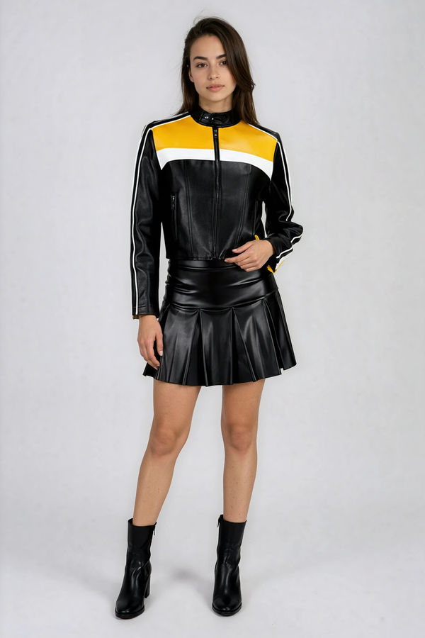 Night Rider Cropped Moto Jacket - Black/Yellow