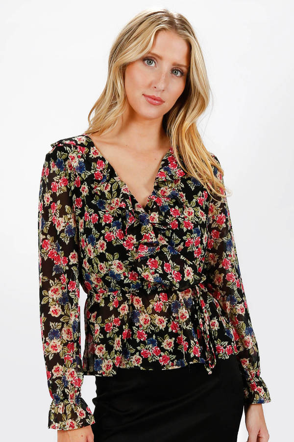 Zera Black Floral Ruffled Front Tie Blouse