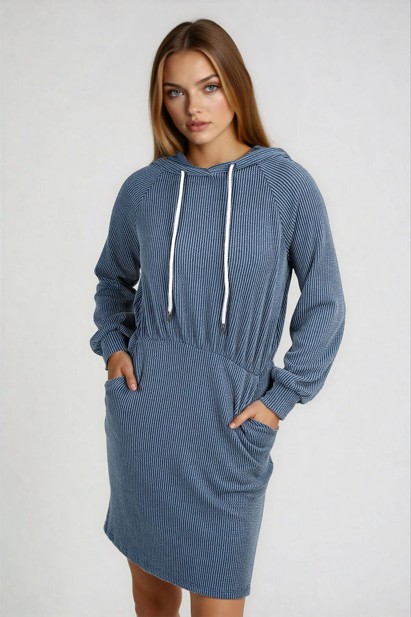 Chill Mode Hooded Knit Mini Dress - Blue