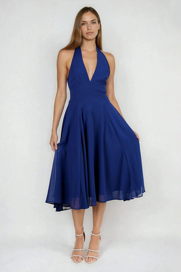 Dance With Me Halter Pleated Midi Dress - Blue