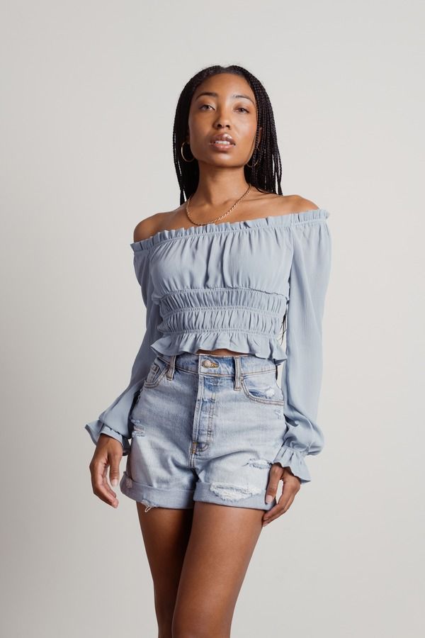 Flow With It Blue Smocked Off shoulder Long Sleeve Top