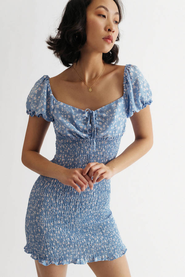 Giana Blue Floral Smocked Bodycon Mini Dress