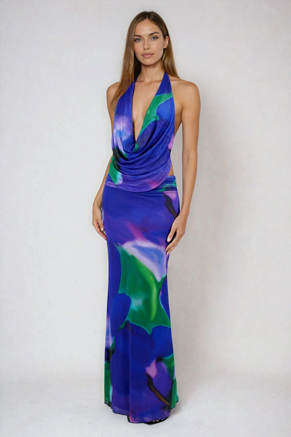 Blushing Bloom Cowl Backless Maxi Dress - Blue Multi