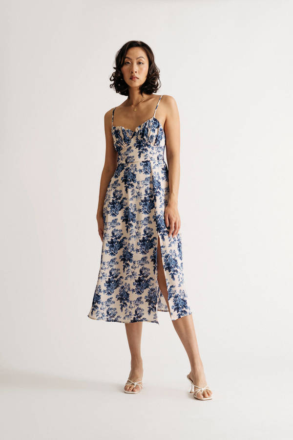 Guinevere Blue Multi Floral Satin Ruched Midi Sundress