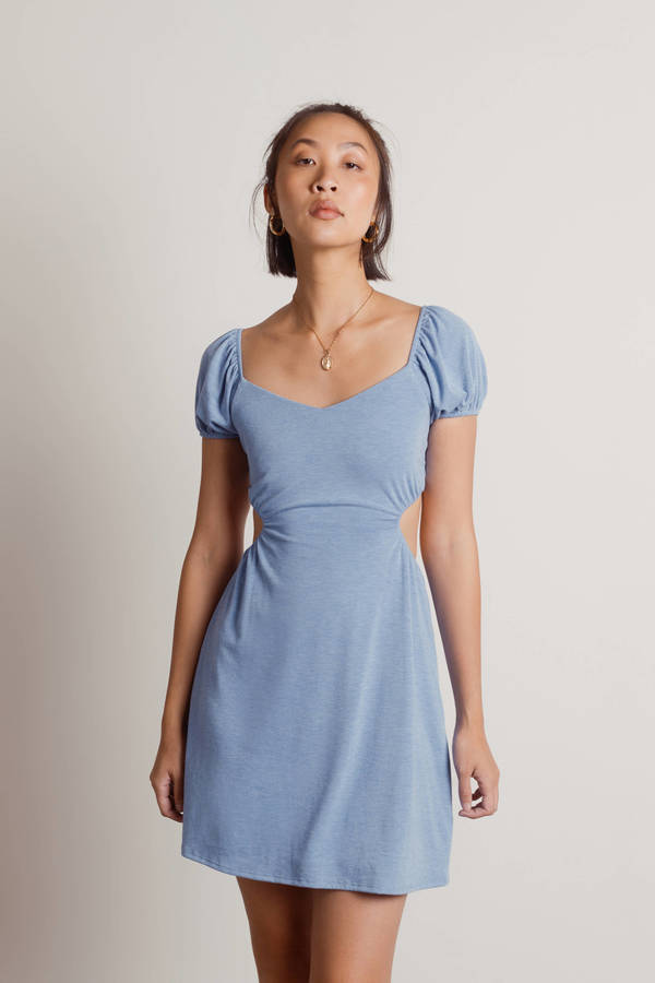 Stacie Blue Puff Sleeve Back Cutout Mini Casual Summer Dress