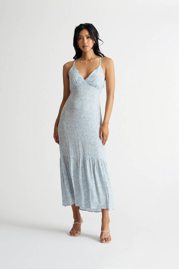 Warm Summer Night Blue Paisley Printed Midi Dress