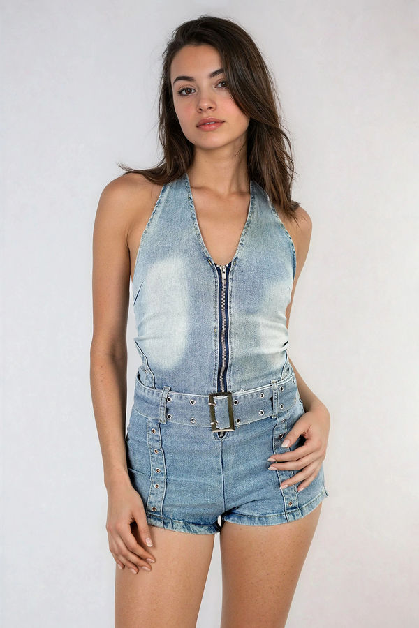 Wink It Halter Denim Romper - Blue