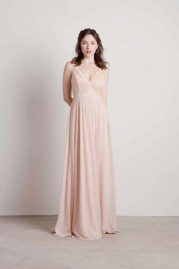 Forget Me Not Blush Bridesmaid X-Back Lace Maxi Dress