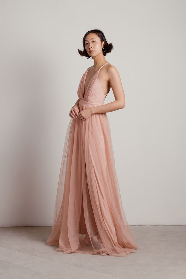 Here To Slay Blush Plunging Long Cocktail Dress
