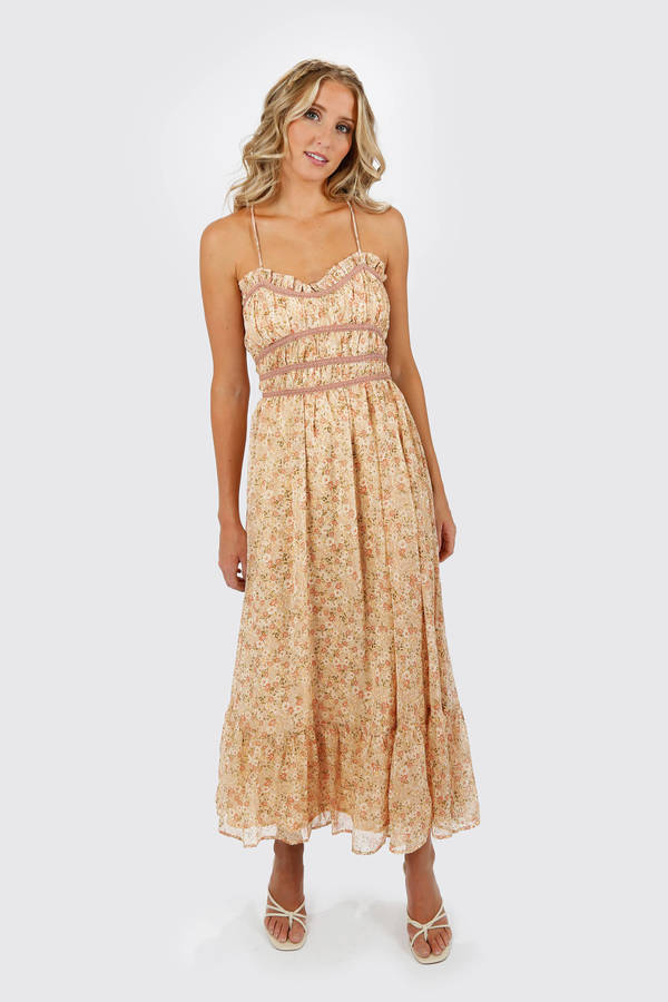 Della Blush/Multi Soft Floral Wedding Guest Lace Trim Midi Dress